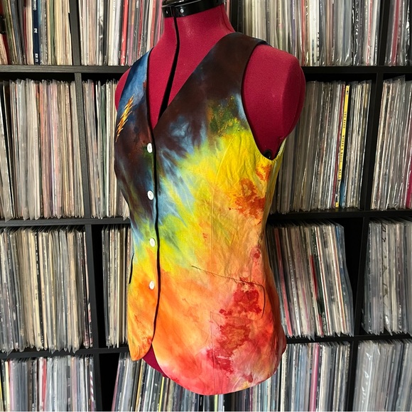 Fitted sleeveless 🌈 ice dyed linen grateful silk Jerry Garcia tie bolt 💀⚡️vest - Picture 4 of 9